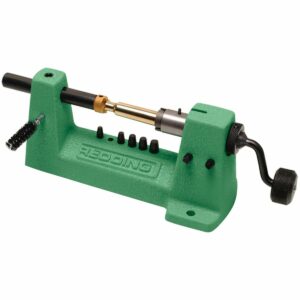 Green reloading case trimmer with handle and brush