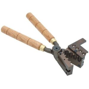 Bullet mold with wooden handles for casting bullets.