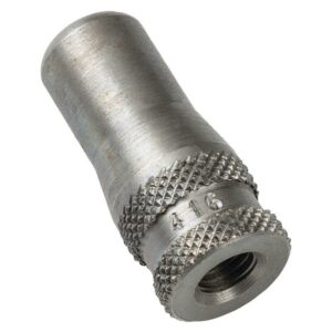 Gray metal threaded nozzle with textured grip.