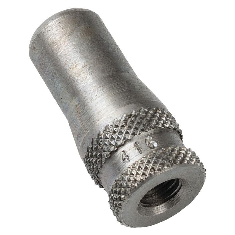 Gray metal threaded nozzle with textured grip.