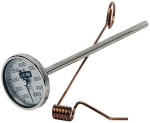 Metallic candy thermometer with temperature scale.