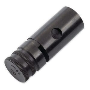 Black metal bullet mold tool on white background.