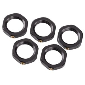 Five black hex nuts on white background