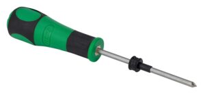 Green and black screwdriver on white background