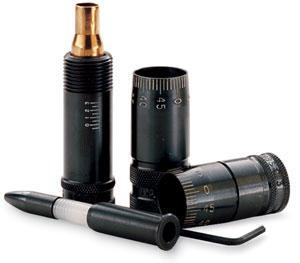 Two black bullet micrometers with adjustment tools.