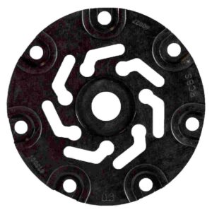 Black metal circular component with holes and grooves.