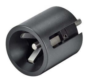 Black cylindrical cutting tool with sharp blades.