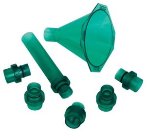 Green plastic funnel with various fittings.