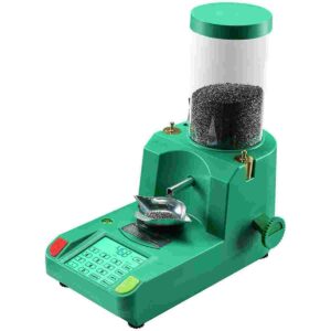 Green digital powder dispenser device for reloading.