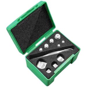 Calibration weight set in a green box.