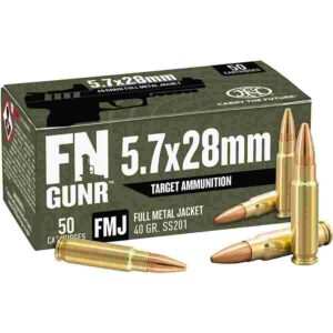 5.7x28mm ammunition box and bullets