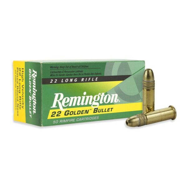 Remington .22 Golden Bullet ammunition box and rounds.