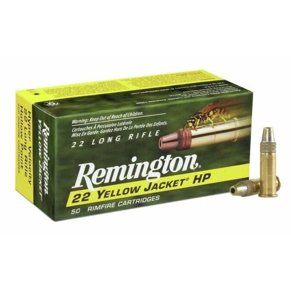 Remington .22 Yellow Jacket HP ammo box and bullets.