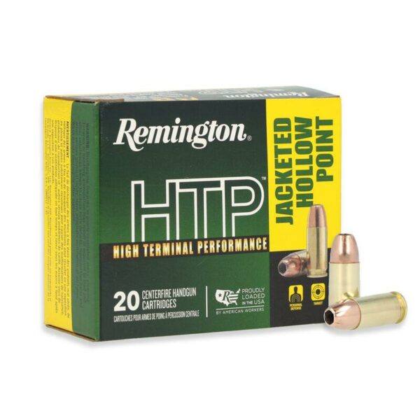 Remington HTP ammunition box with bullets displayed.