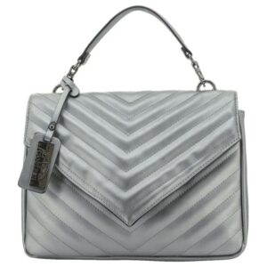 Silver quilted handbag with top handle.