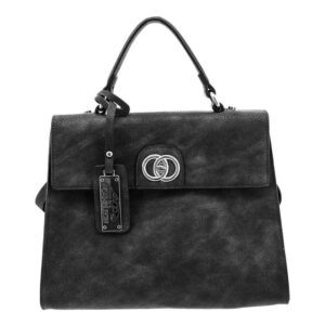 Black leather handbag with silver buckle and tag.