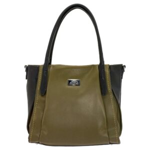 Olive green handbag with black handles.