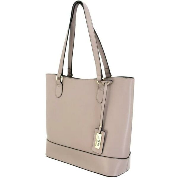 Elegant beige leather tote bag with gold accents.