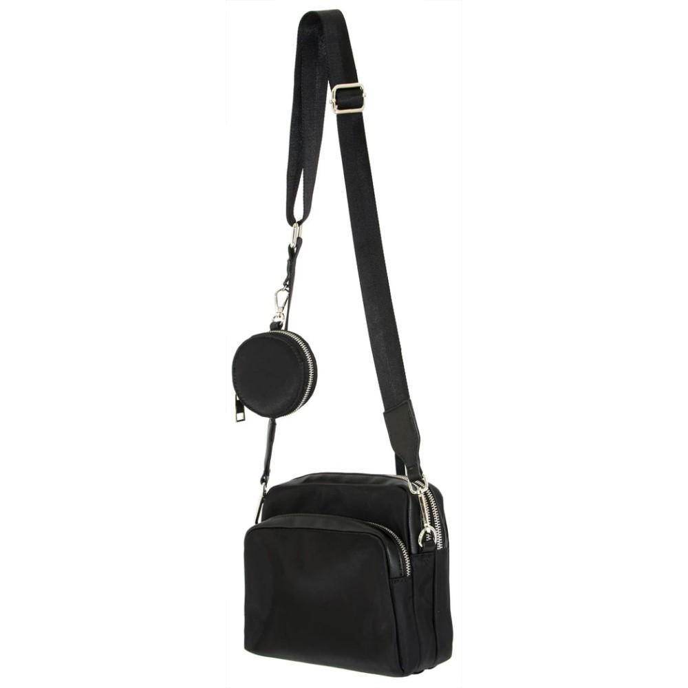 Black crossbody bag with coin pouch.