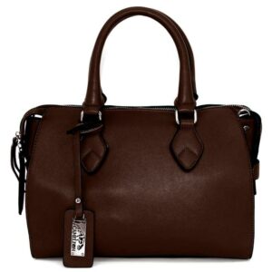 Brown leather handbag with handles and tag