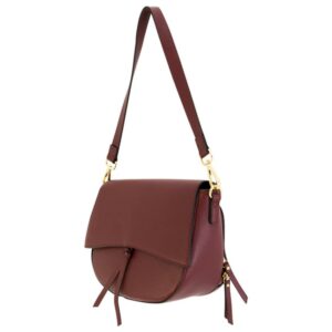 Leather maroon shoulder bag with gold accents.