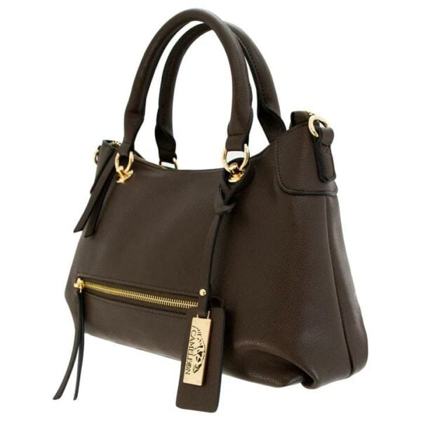 Brown leather handbag with gold accents