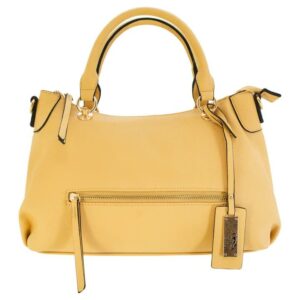 Yellow leather handbag with black accents and tag.