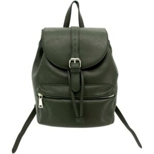 Black faux leather backpack with front pocket.