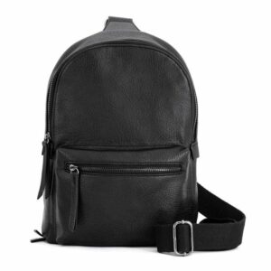 Black leather backpack with front zipper pocket