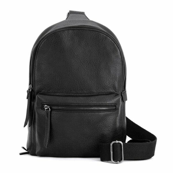 Black leather backpack with front zipper pocket