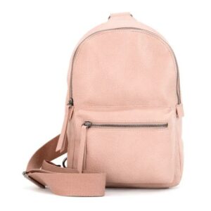 Light pink leather backpack with front pocket and strap.