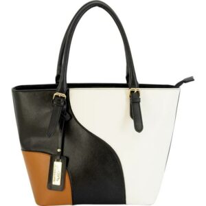 Tri-color handbag with black, white, brown sections.
