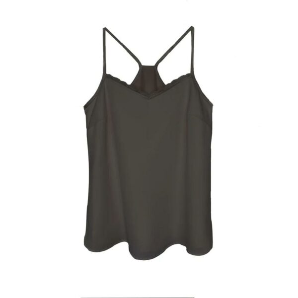 Black camisole with thin straps on white background.