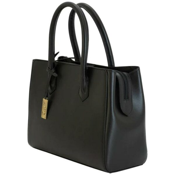 Elegant black leather handbag with gold accent.