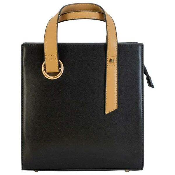 Black tote bag with brown handles.