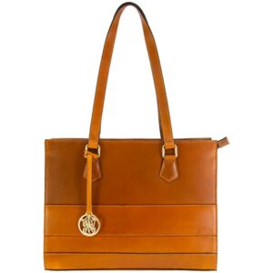 Elegant brown leather handbag with gold charm.
