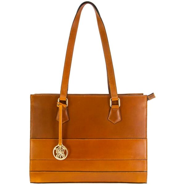 Elegant brown leather handbag with gold charm.