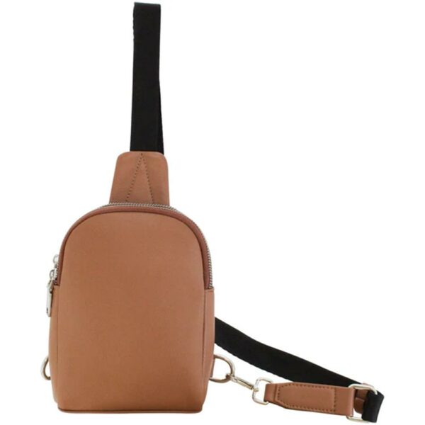 Brown leather sling backpack with black strap