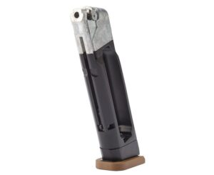 Airsoft gun magazine with brown baseplate.