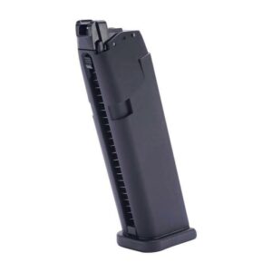 Black gun magazine standing upright on white background.