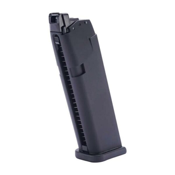 Black gun magazine standing upright on white background.