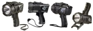 Four black handheld spotlights displayed in different angles.