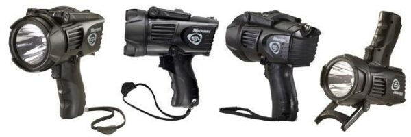 Four black handheld spotlights displayed in different angles.