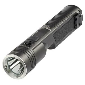 Compact black flashlight with side switch.