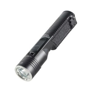 Tactical black flashlight with textured grip.