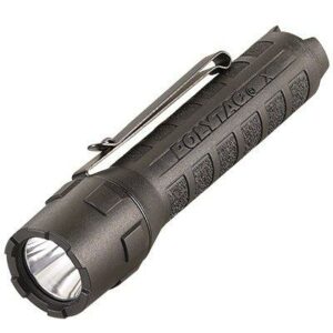 Black tactical flashlight with clip