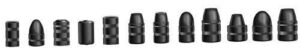 Various black bullets lined up horizontally