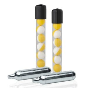 Paintball tubes and CO2 cartridges for markers.