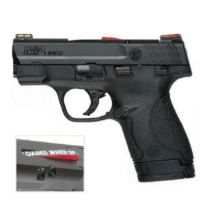 Black M&P Shield pistol with safety indicator