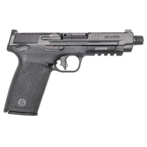 Black semi-automatic handgun on white background.